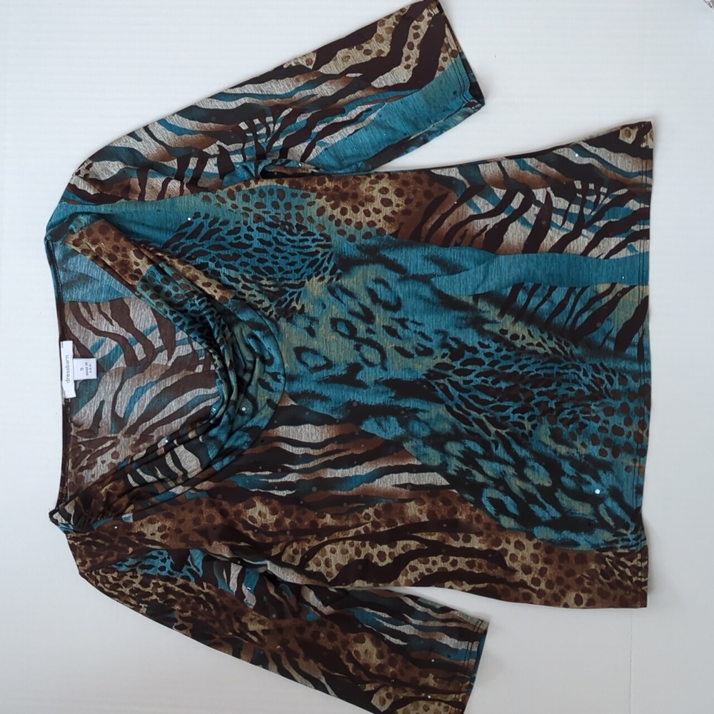 Dressbarn Sequin Jungle Animal Print Top Size Small Brown Blue/Turquoise